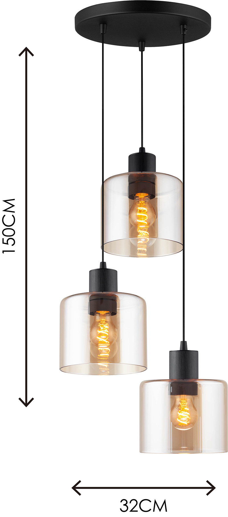 Luminária de teto suspensa linear moderna decorativa em vidro âmbar pendente redonda ajustável 3lys E27 Dim