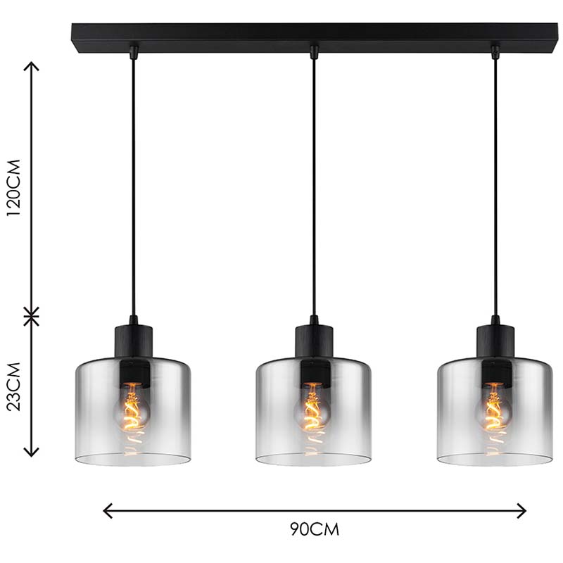 Pendente de luz pendente linear moderno com gradiente fumê redondo 3 lys lado a lado E27 Dim