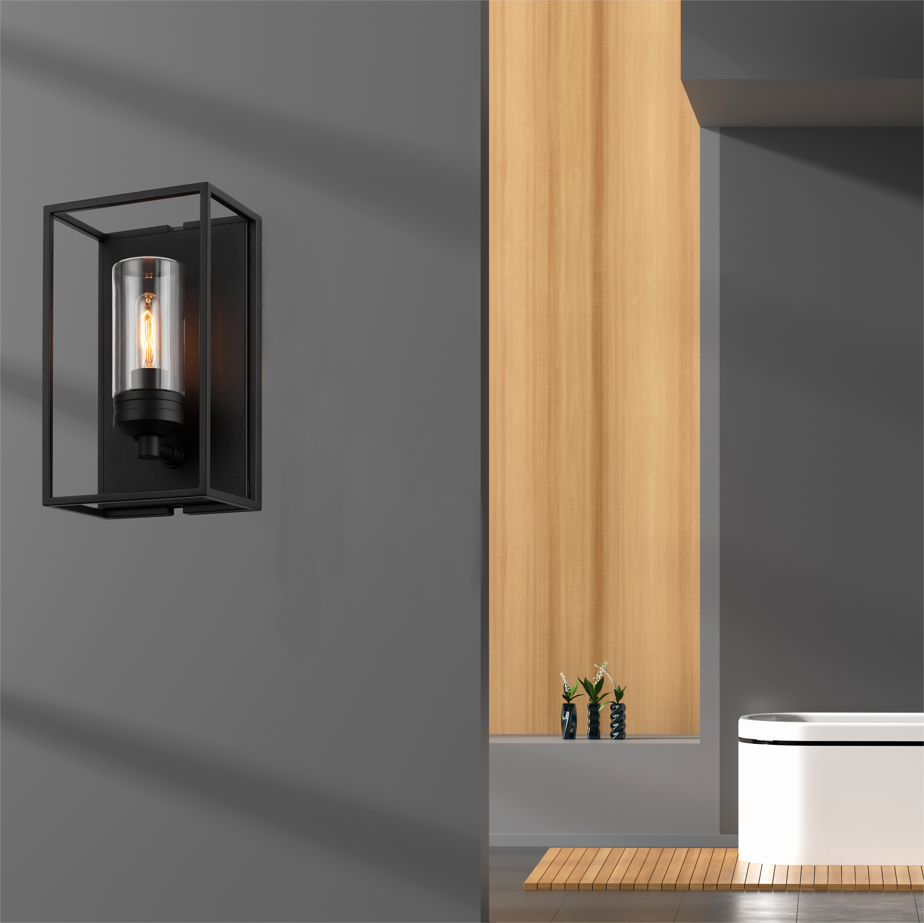 Arandela de parede externa Vemork Frame Box com design minimalista e soquete E27 com classificação IP44