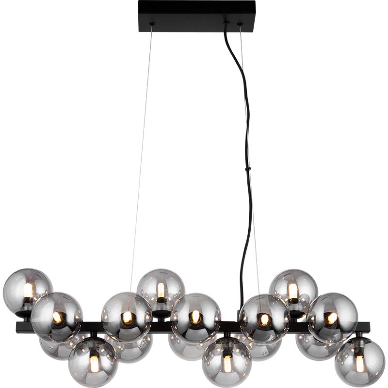 Luminária pendente decorativa graciosa com elegante barra de metal preto fosco combinando com lindos óculos cor de fumaça 16lys G9