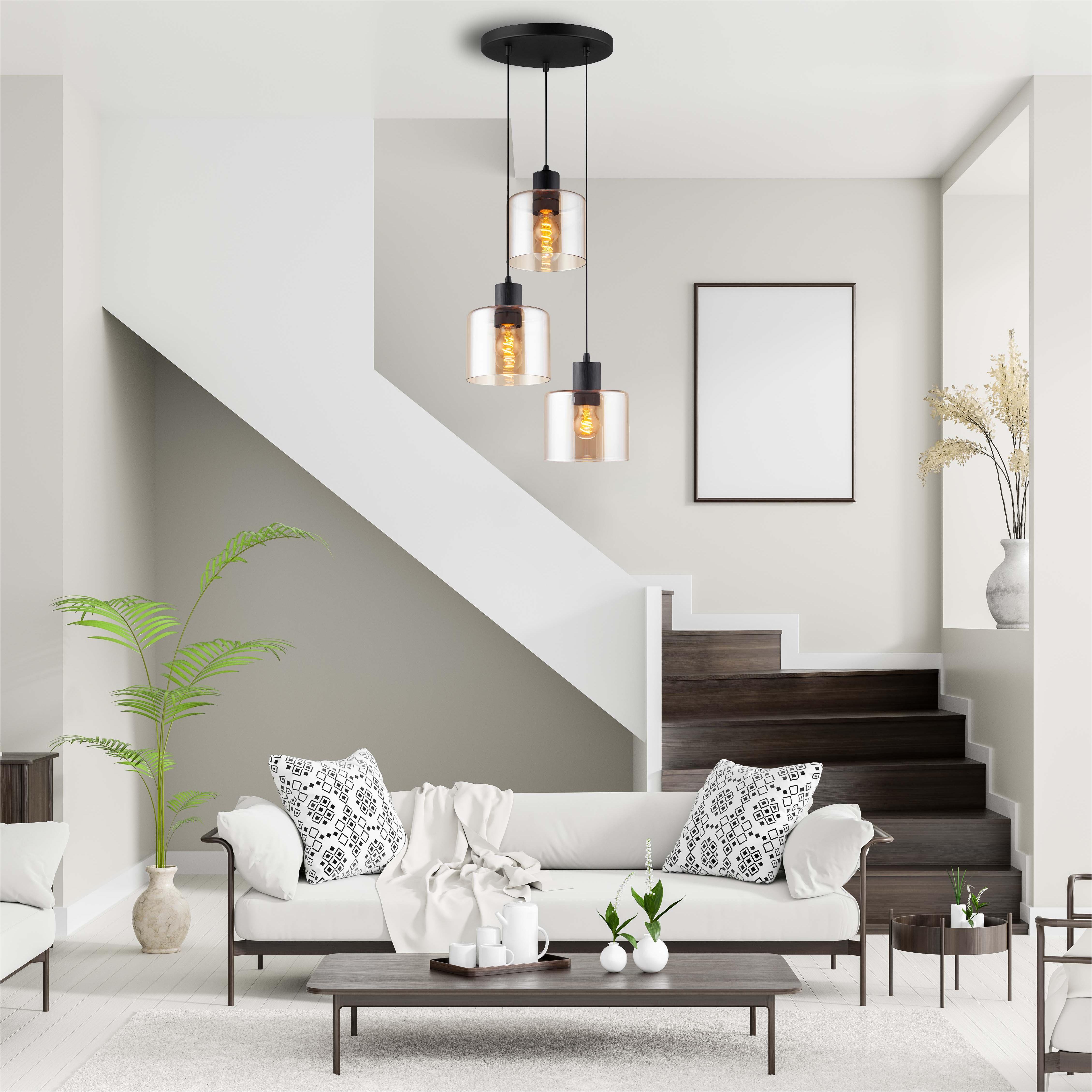 Luminária de teto suspensa linear moderna decorativa em vidro âmbar pendente redonda ajustável 3lys E27 Dim