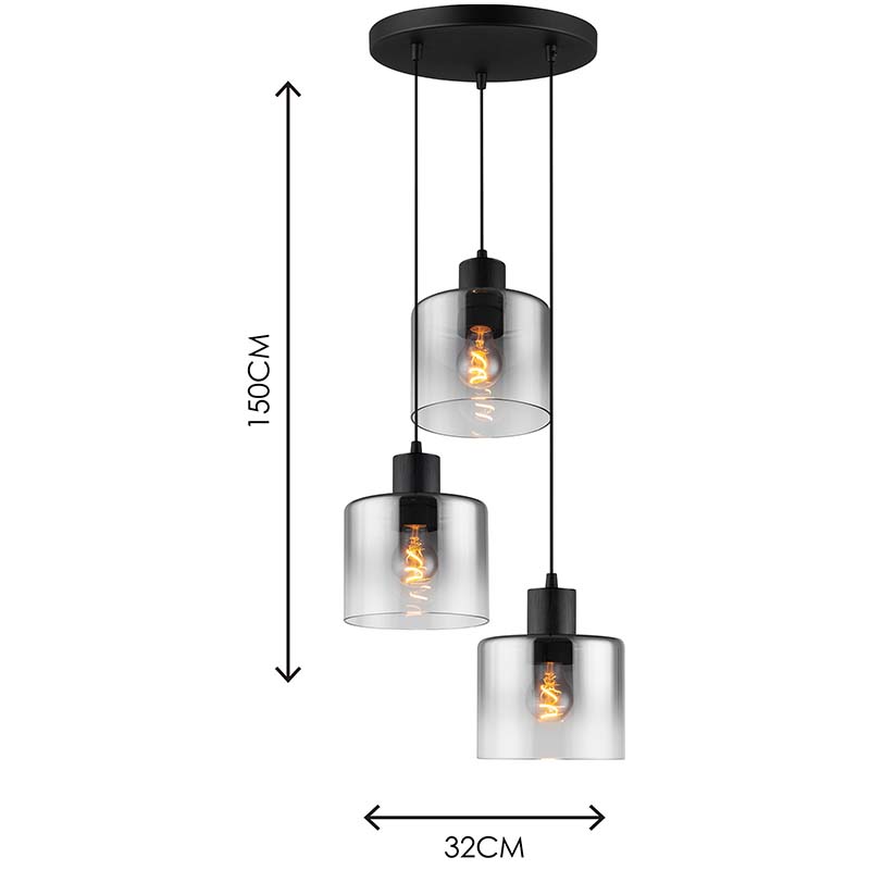 Luminária suspensa linear moderna de teto com gradiente de vidro fumê ajustável pendente redonda 3 lys E27 Dim